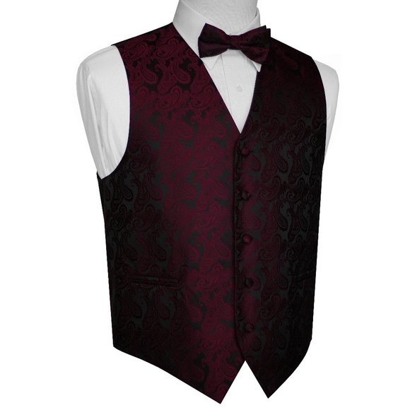 Men's Formal Wedding Prom Homecoming Tuxedo Vest Bow-Tie Hankie - Berry Paisley - Picture 1 of 3